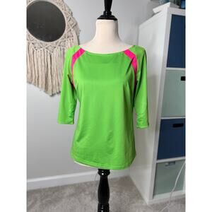 Gretchen Scott Women's Bright Neon Pink Lime Green 3/4 Sleeve Blouse Shirt Top S
